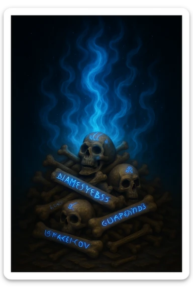 Change the mystical energy to blue, keep the pile of bones with magic runes and the fantasy style. Maintain the magical and enchanted atmosphere with blue mystical energy glowing around the bones. sticker