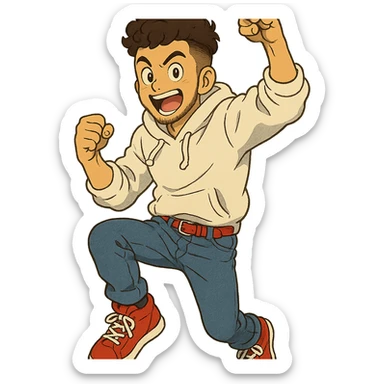 1 male, mid fade haircut dark chestnut brown curly hair, toasted lightskin, white hoodie sleeves up, fashion jeans, red fashion-sneakers shoes, red belt, short trimmed beard and goatee,  style of deku from "my hero academia", doing a "hype" pose sticker