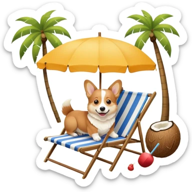 a corgi dog laied on a beach chair, a sunny beach, a sun umbrella, and beach coconut trees. the icon should capture the essence of a relaxing beach vacation with a carefree atmosphere sticker