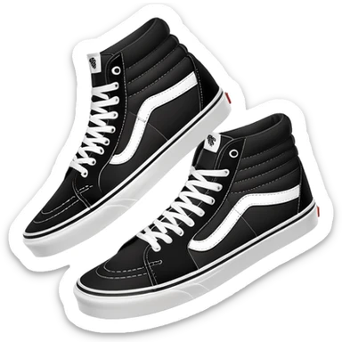 Clean minimalist iOS emoji style pair of black Vans Sk8-Hi high tops with one behind the other, simple forms, flat design, essential white stripe detail sticker