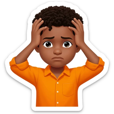 black boy curly hair orange shirt overwhelmed hands on head sticker