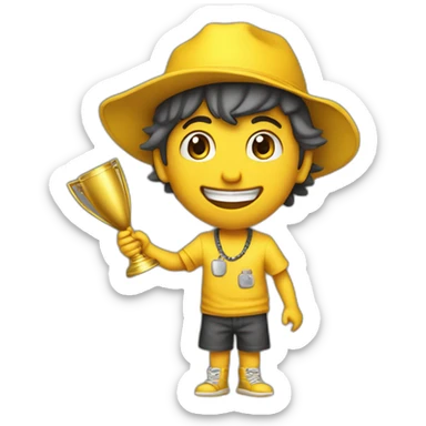 niño con gorro amarillo y con un trofeo amarillo sonriente se le ve los dientes sticker