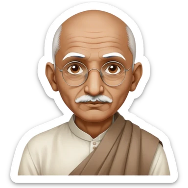 Cinematic Realistic Mahatma Gandhi Portrait Emoji, depicted as a humble, wise leader in simple attire with a serene determined expression, rendered with soft textures and warm natural lighting that captures his peaceful yet resolute spirit. sticker