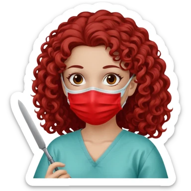 Lilith symbol seductress evil surgeon. curly, long hair. brown hair. Red surgical mask and hair covering. She works for cartel and kills  with a scalpel. sticker