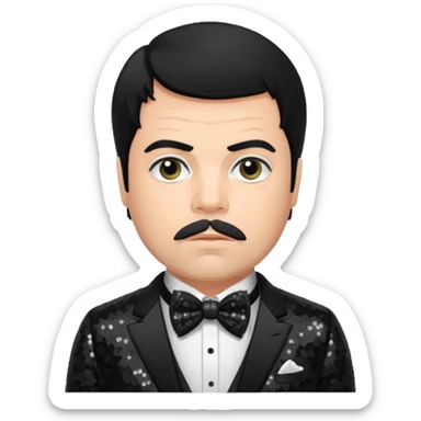 Oliver Reed with black hair, black sequin suit with bow tie sticker