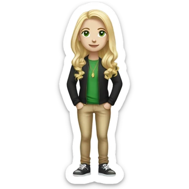 skinny pretty long blonde girl slanted green eyes gold jewlery light skin black shirt sticker