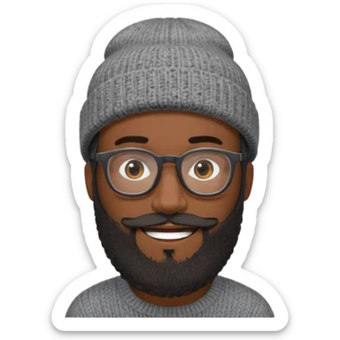 A dark-skinned man with a gray knit beanie, black glasses, a full beard, and a friendly smile. sticker