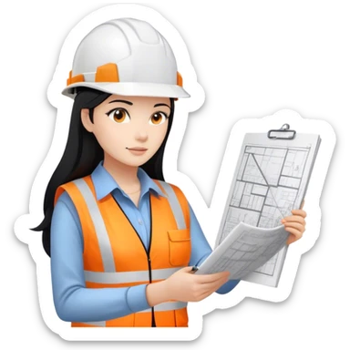 Female civil engineer with long black hair and white helmet wearing white shirt and an orange safety vest looking at drawing plan on her hand  sticker