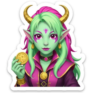 A D&D tiefling with pale green skin and long hot pink hair. She is a rouge and is obsessed with gold sticker