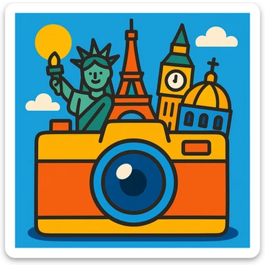 a camera with world landmarks in a playful style sticker