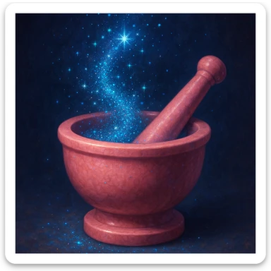 a pink pestle and mortar, blue glittery fairy dust floating above, enchanting, no text sticker