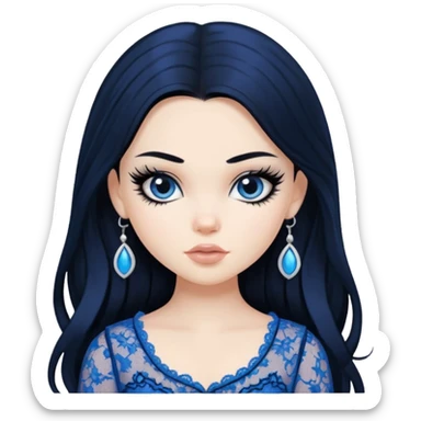 pretty, BLACK long black hair, pale skin, eyeliner, blue lace clothes, bratz baddie sticker