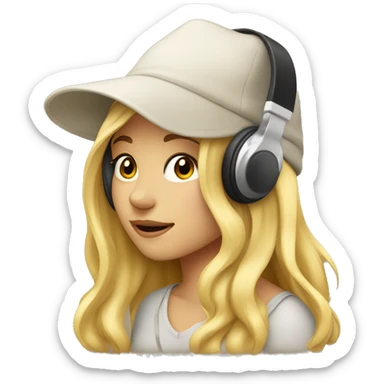 Blond girl listening to music with a hat  sticker