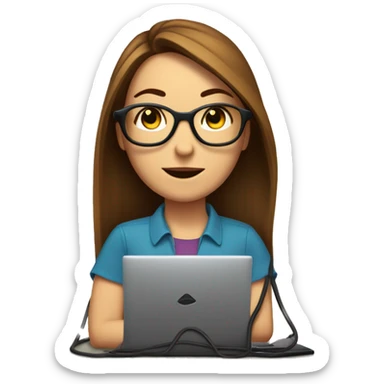 white female, brown straight hair with glasses, is unplugging an extension cord from a computer. sticker
