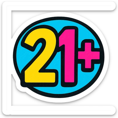 bold icon with the text '21+' in vibrant and eye-catching pop colors style sticker