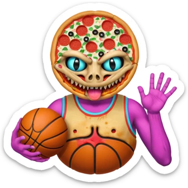 a glitch abomination with hands for a head, a baskeball stomach, pizza eyes sticker