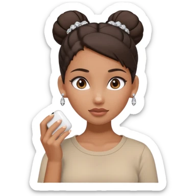 generate a pretty bratz girl with dark brown eyes. Dark brown hair tied in a single bun, tight beige shirt with top shirt open. diamond studs in ears. airpods in ear sticker