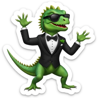 capitalist iguana banker in tuxedo and black sunglasses dancing crazy sticker