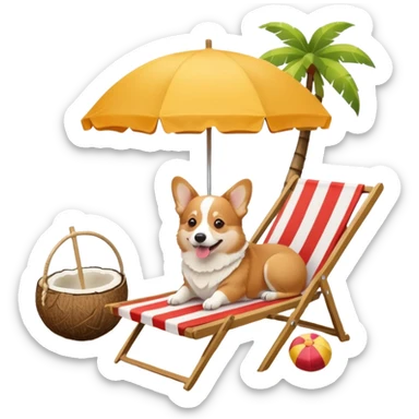 a corgi dog laied on a beach chair, a sunny beach, a sun umbrella, and beach coconut trees. the icon should capture the essence of a relaxing beach vacation with a carefree atmosphere sticker