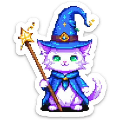 wizard cat with a pointy hat and magic wand sticker