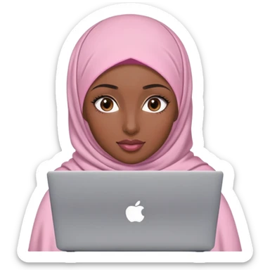 Dark brown skin woman wearing light pink hijab with natural makeup, long eyelashes and lip gloss working behind laptop sticker