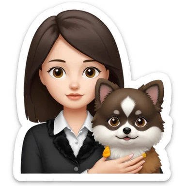 an brunette girl holding her pomeranian dog thats black and white but has white middle part in the face kinda looks like a panda sticker