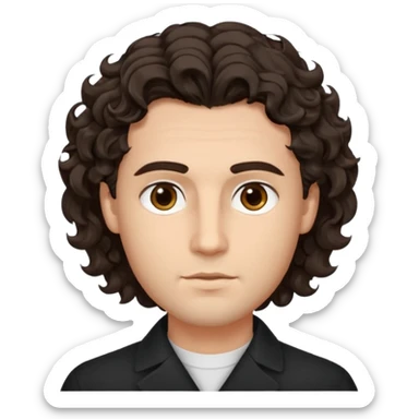 He’s a man with light to medium skin, a defined oval face, full brows, deep-set eyes, and wavy to curly dark brown hair styled with height, sides are trimmed. expression calm and focused relaxed black open-collar .polished, articulate, and trainer vibe. sticker