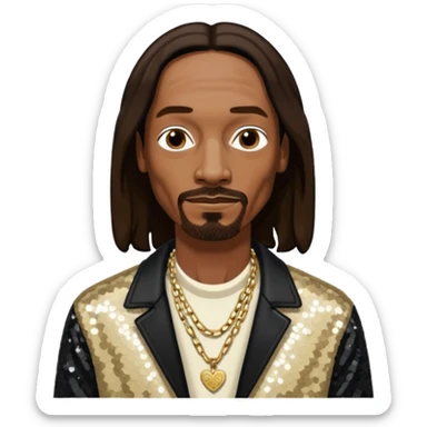 Snoop Dogg with long dark brown hair, ivory sequin jacket, black shirt with necklace sticker