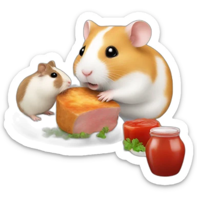 a hamster with a guinea pig eating a steak with ketchup  sticker