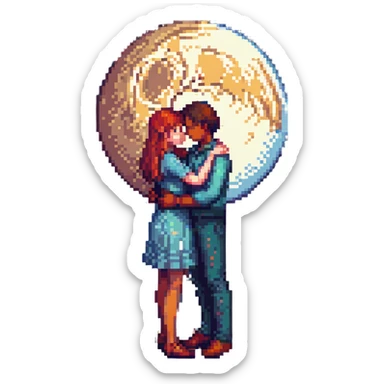 romantic scene with two characters under a pixel moon, subtle and sweet, no explicit content sticker