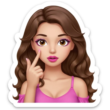 girl with long wavy brown hair, brown eyes, light to medium complexion, in a pink sexy top, pink lips, long lashes, shushing with one finger on the lips sticker