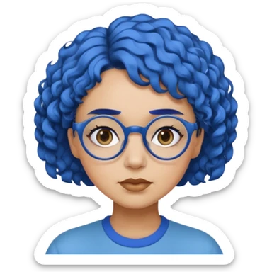 laydy with short, curly blue hair, matching blue eyebrows, light brown skin, round black glasses, and a neutral facial expression. sticker