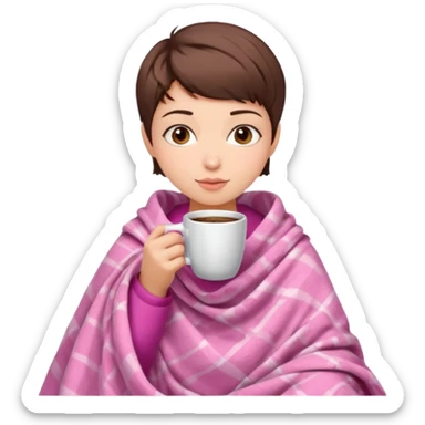 Brunette girl pixiecut Brown Hair in pink blanket drinking coffee sticker