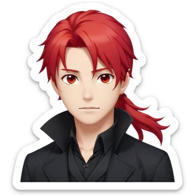 Handsome gorgeous anime man with bright-red hair, thick long ponytail, red eyes, white shirt, black jacket, stone face, Diluc, Genshin Impact sticker