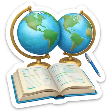 Create an emoji representing language translation. The design should feature just one globe in the background, symbolizing international communication. In front of the globe, place two opened books with texts on them and a pen nearby to indicate the act of writing. Use a clean and professional color palette with blues, greens, and neutral tones. Make the background transparent. sticker