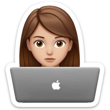 Make an emoji of a white girl with brown hair behind a laptop screen with her mouth not showing sticker