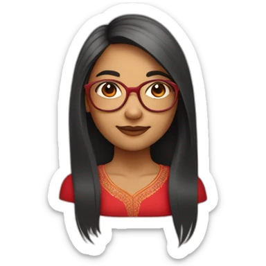 An Indian girl with a round face and straight long hair and old school transparent glasses. Wearing a red dress sticker