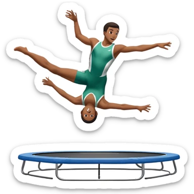 An athletic person soaring high above a trampoline, executing an acrobatic flip with perfect form. The scene captures motion and energy, with a dynamic pose, stretched limbs, and a focused expression. The background suggests a professional trampoline arena with safety padding. sticker
