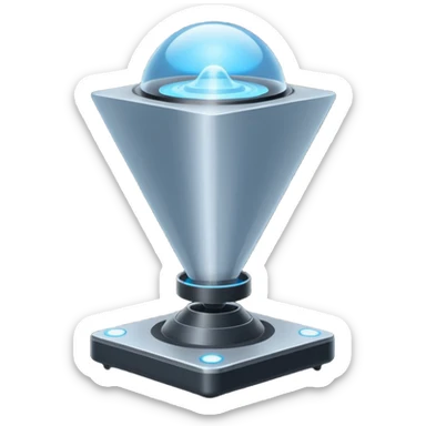 Flat emoji of a wrist-mounted hologram projector emitting a soft blue light cone, simple shapes, modern sci-fi style sticker