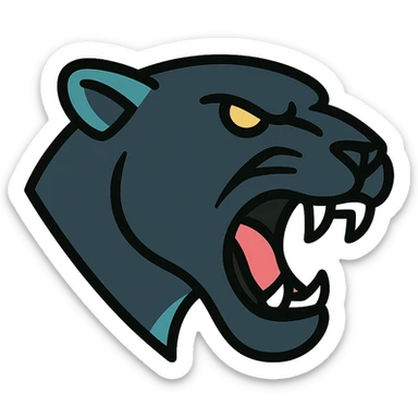 fierce panther head, roaring, black fur with teal accents, strong jawline, sports team logo style sticker
