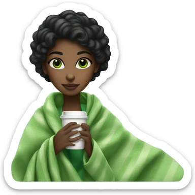 black hair girl with green eyes a blanket sipping starbucks coffee sticker