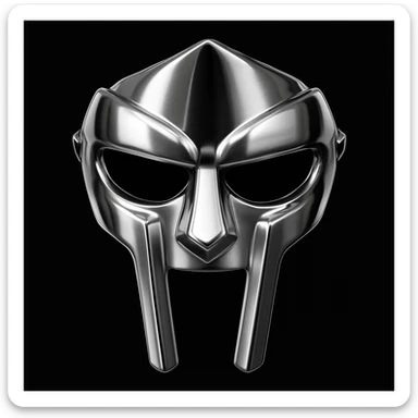 Create a metallic silver gladiator-style mask emoji with sharp, angular lines, a high forehead, deep eye cutouts, and a long vertical nose bridge that splits into two bars below the mouth. The mask should have a chrome-like shine, be symmetrical, intimidating, and sleek, closely matching the reference image. No background. sticker