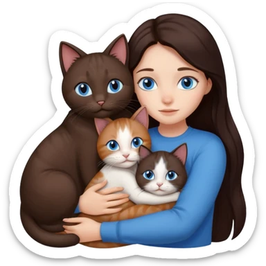 a girl with long dark 
brown hair, with blue eyes, hugs 3 different natural coloured cats sticker