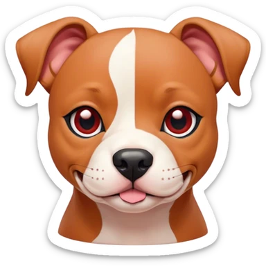 Cinematic Cute Red/Fawn Staffordshire Bull Terrier Portrait Emoji, Head tilted playfully and inquisitively, featuring a glossy red/fawn Fur with a vibrant sheen and delicate white accents, round, sparkling dark eyes filled with curiosity, Simplified yet irresistibly adorable features, highly detailed, glowing with a warm, friendly glow, high shine, affectionate and spirited, stylized with a touch of whimsy, bright and endearing, soft glowing outline, capturing the essence of a mischievous yet loving pup, so playful it feels like it could bound out of the screen and into your arms! sticker