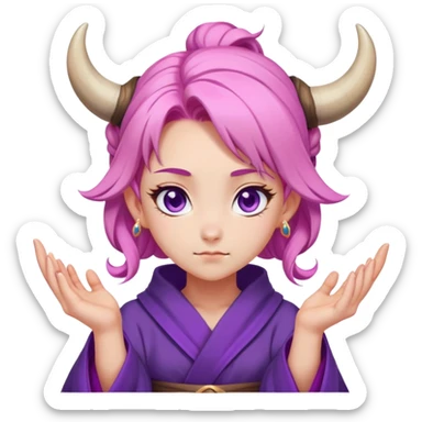 A female mage with peach-colored hair styled in two ox horn-shaped buns, purple eyes, fair skin, and a tsundere expression, wearing a form-fitting purple magical robe.  
 sticker