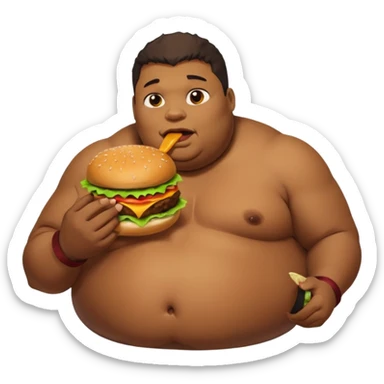 Fat African American guy eats a hamburger and in the background Pudge from Dota 2 farts sticker