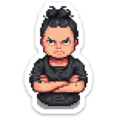 man with black bun, angry expression, arms crossed, dressed all in black, pixel art 32bit style sticker