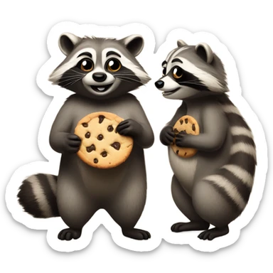 Two raccoons, one is eating a cookie and the other one is sad  sticker