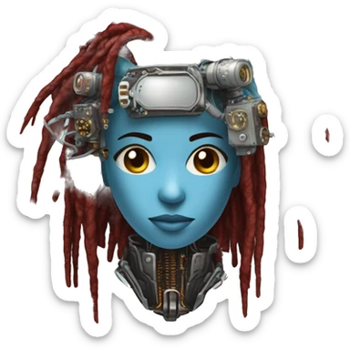 Light blue long dreadlocks female cyborg head with red steampunk goggles and circuits sticker