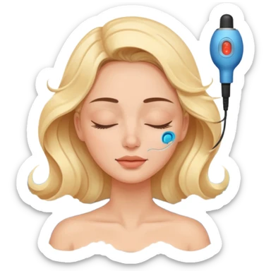 Emoji of a woman with eyes closed, getting an ultrasonic cavitation treatment on her cheek, blue waves showing vibration sticker